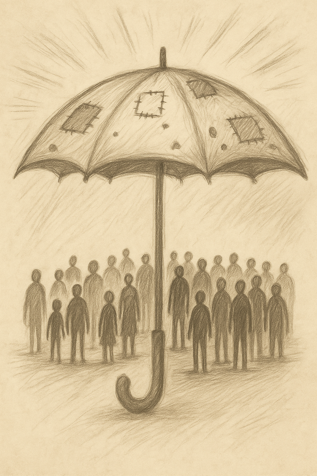 Szkic parasola z łatami, pod kt&oacute;rym stoi grupa ludzi. Parasol symbolizuje ochronę, ale jest nieszczelny i naprawiany.